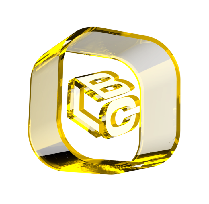 Logo do LCbank em 3D dourado com as letras L, B e C
